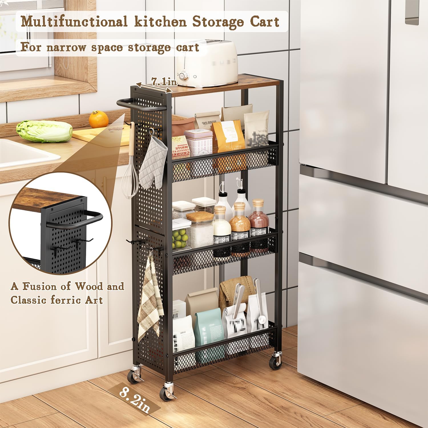 Utility Slim Storage Cart 4 Tier Small Rolling Kitchen Laundry Room Organization Cart with Wood Top Metal Narrow Laundry Room Shelves Cabinet Unit Laundry Organizer Trolley with Handle for Small space