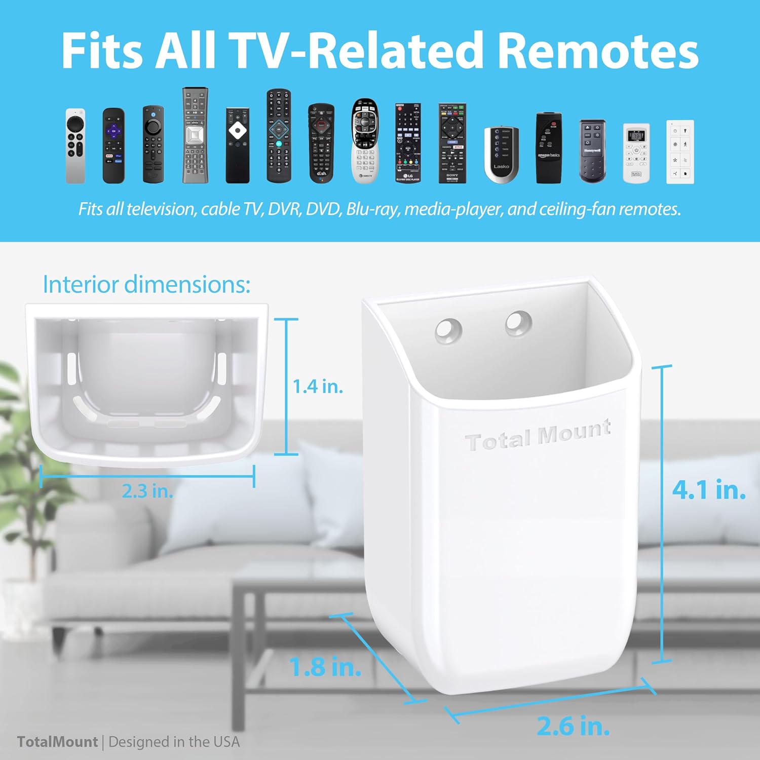 TotalMount Hole-Free Remote Holder – Eliminates Need to Drill Holes in Your Wall (White Remote Control Holder, Quantity 1)