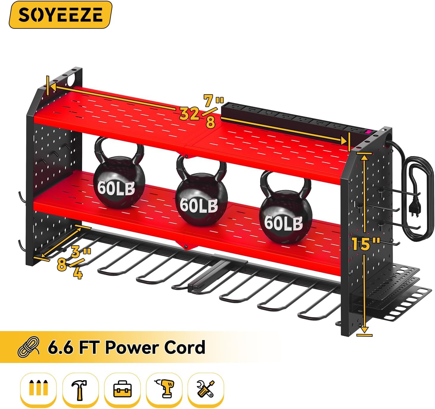 SOYEEZE Large Power Tool Organizer Wall Mount with Charging Station, 3 Layer Heavy Duty Metal Tool Storage Rack with 8 Drill Holder, Tool Holder Built in 8 Outlet Power Strip-Red