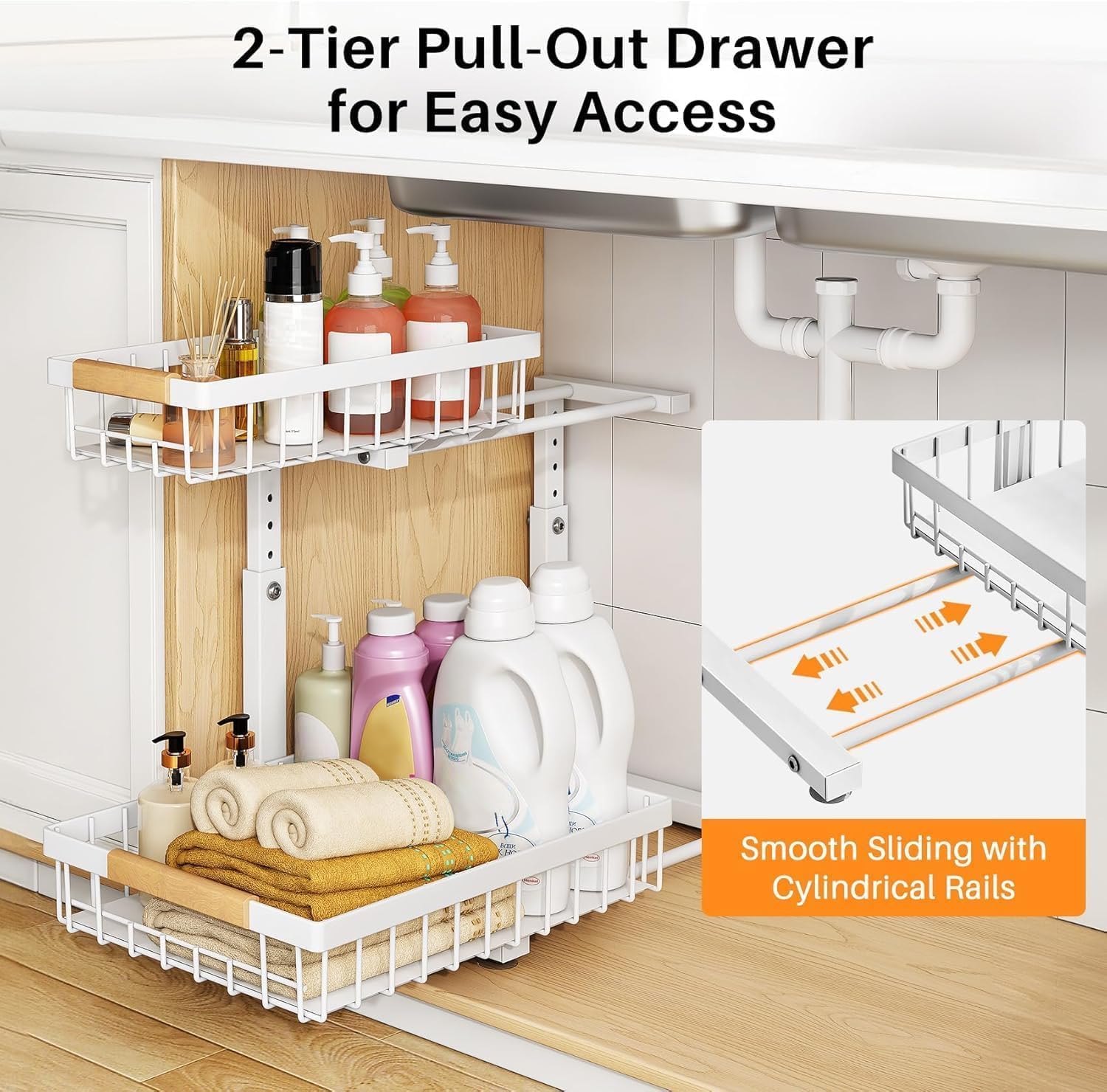 (Small Version)1 Pack Under Sink Organizer,Adjustable Height,2 Tier Pull Out Under Cabinet Organizer,Slide Out Thickened Metal Under Sink Storage for Kitchen Bathroom Laundry Cabinet Pantry,White
