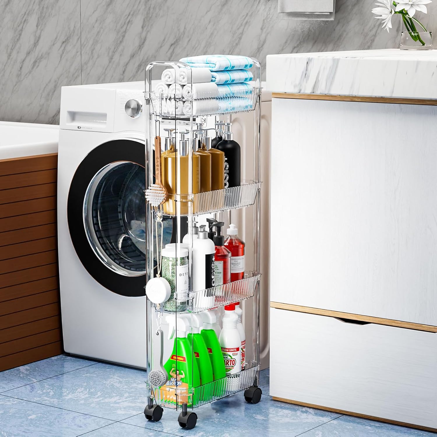 Yieach 4 Tier Rolling Cart with Wheels,Clear Narrow Bathroom Rack Organizer,Slim Storage Cart,Three Tier Thin Shelf and Narrow Rolling Utility Cart for Small Space Shelf,Dorm Room,Kitchen,Laundry