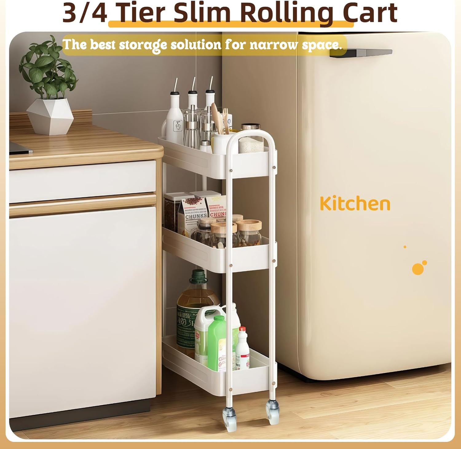 3 Tier Narrow Rolling Storage Cart for Laundry Room Bathroom Kitchen, 7.1'' Slim Utility Cart with Wheels and Lockable Casters Standing Shelf for Small Space & Between Washer and Dryer, White