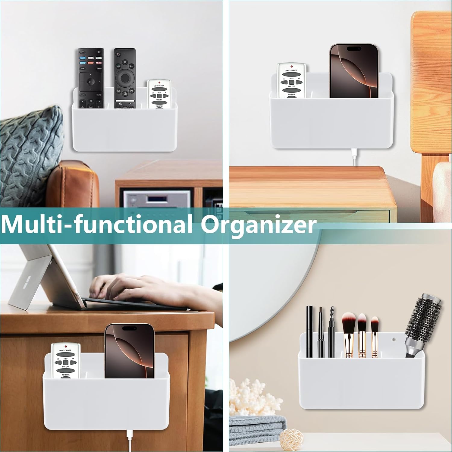 3 Slot Adjustable Remote Holder Wall Mount, Adhesive TV Remote Controller Holder, Wall Pen Holder Storage Accessories for Home Office School (2 Packs & White)