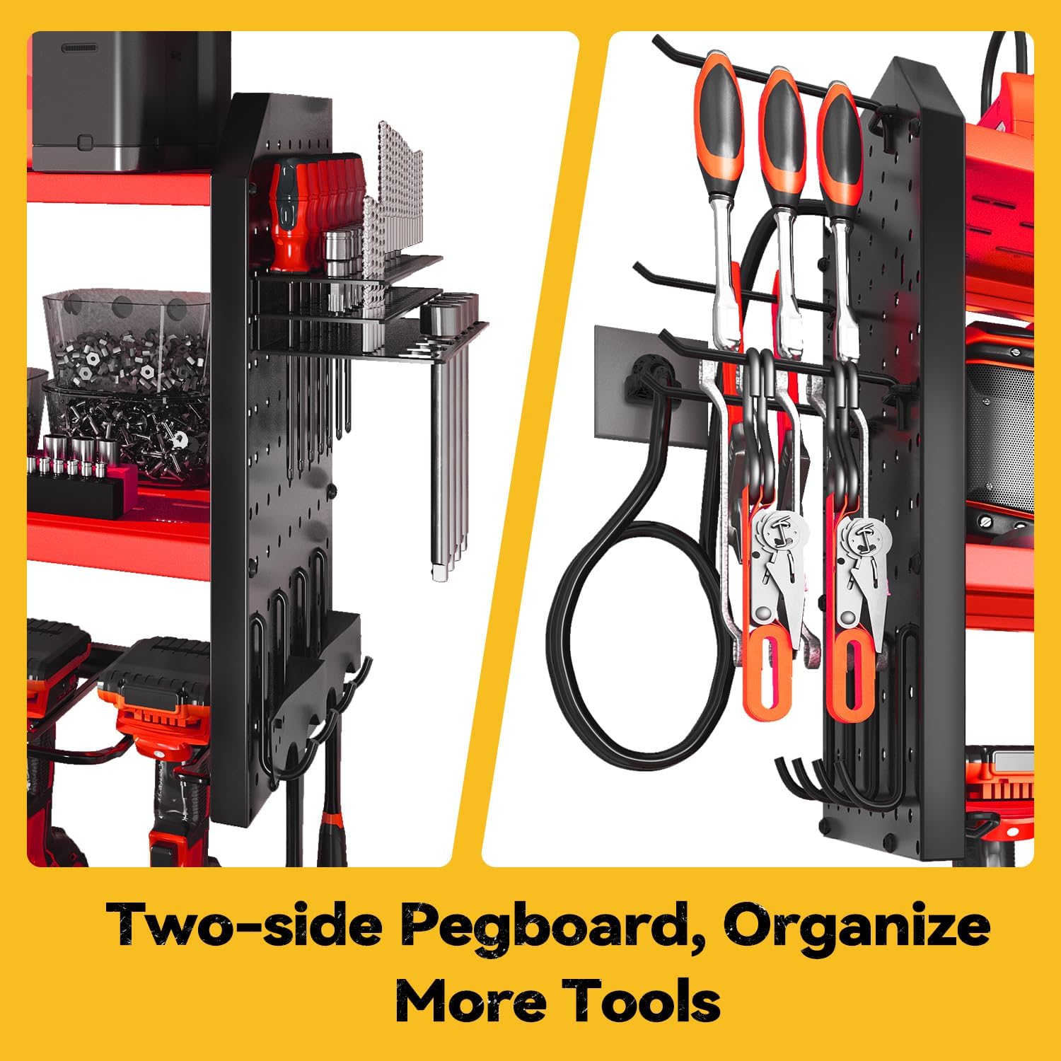 SOYEEZE Large Power Tool Organizer Wall Mount with Charging Station, 3 Layer Heavy Duty Metal Tool Storage Rack with 8 Drill Holder, Tool Holder Built in 8 Outlet Power Strip-Red