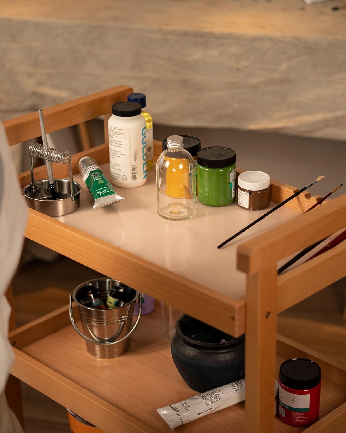 DJAR Rolling Art Supplies Cart, Solid Beech Wood Art Supply Organizert with Caster Wheels, Utility Cart for Adults, Artists, (Natural, Upgrade)