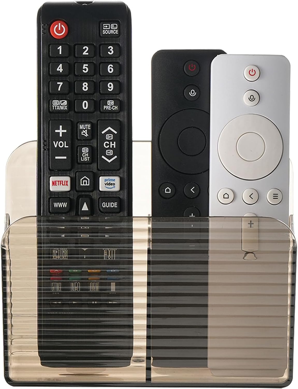 LINFIDITE Adhesive TV Remote Control Holder Wall Mount TV Remote Holder For Bedside Wall Remote Control Caddy Storage Organizer Stand Box （For 2 Or 4 Remote Controls –Clear Brown – Quantity 1）