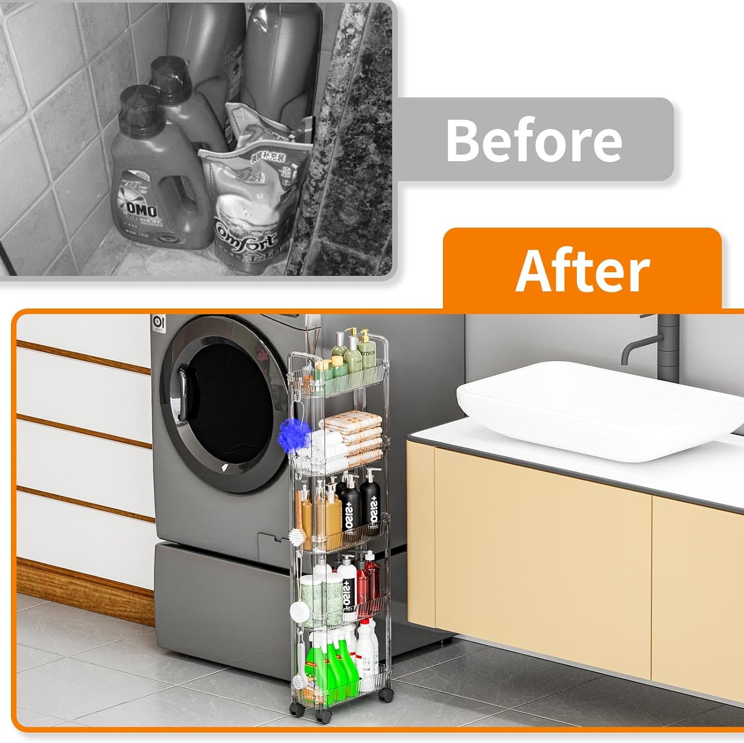 Yieach 4 Tier Rolling Cart with Wheels,Clear Narrow Bathroom Rack Organizer,Slim Storage Cart,Three Tier Thin Shelf and Narrow Rolling Utility Cart for Small Space Shelf,Dorm Room,Kitchen,Laundry