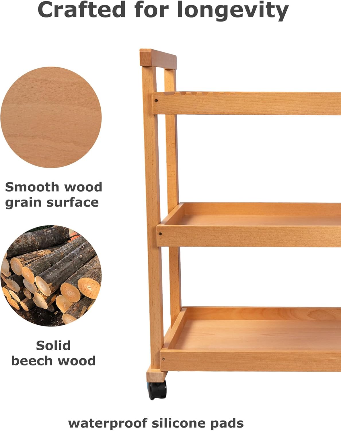 DJAR Rolling Art Supplies Cart, Solid Beech Wood Art Supply Organizert with Caster Wheels, Utility Cart for Adults, Artists, (Natural, Upgrade)