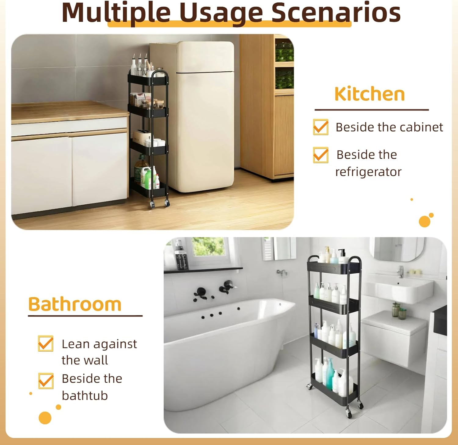 4 Tier Slim Storage Cart with Wheels for Laundry Room Between Washer and Dryer, 7.1'' Narrow Rolling Cart with Wheels and Lockable Casters, Metal Thin Standing Shelf for Small Space, Black