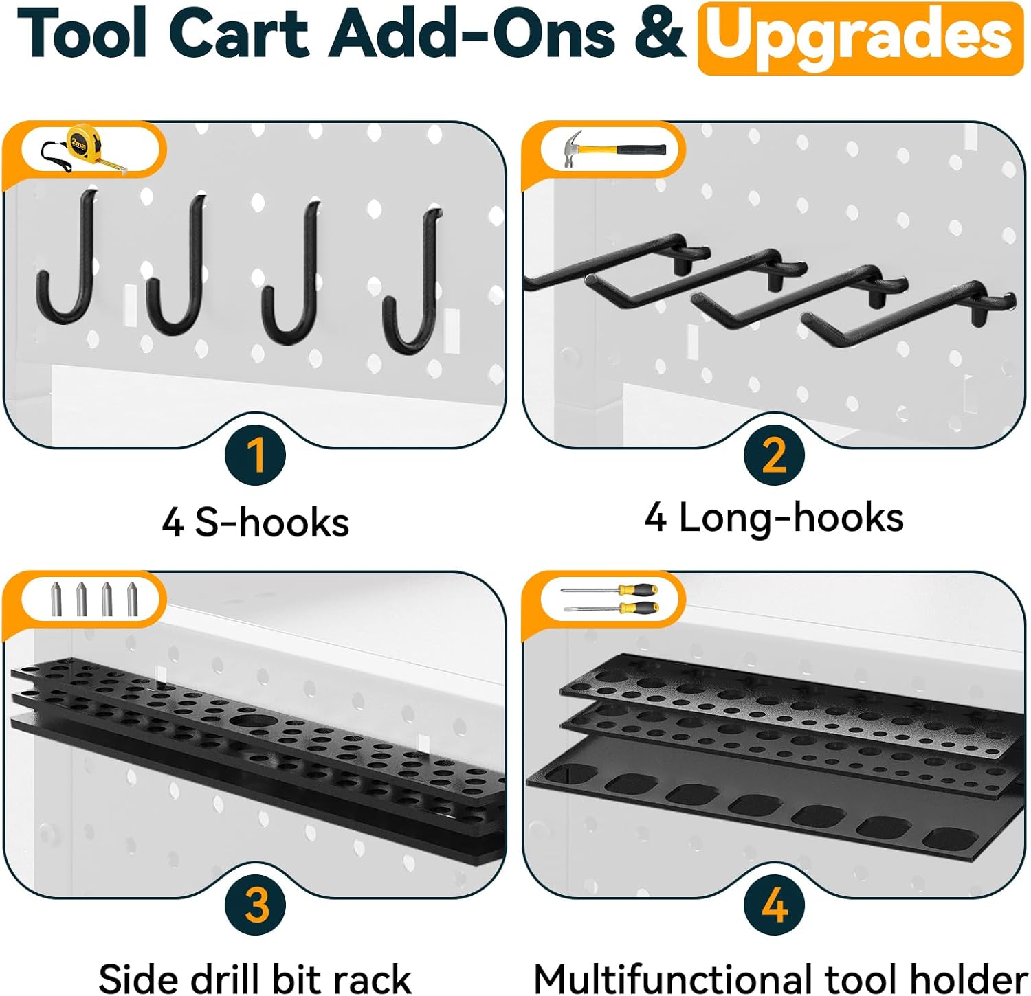 Warome Power Tool Organizer Cart, Dual-Sided Drawer Tool Storage Rack on Wheels with 8-Outlet Charging Station & Pegboard Accessaries, Utility Rolling Cart for Garage Workshop Organizers and Storage
