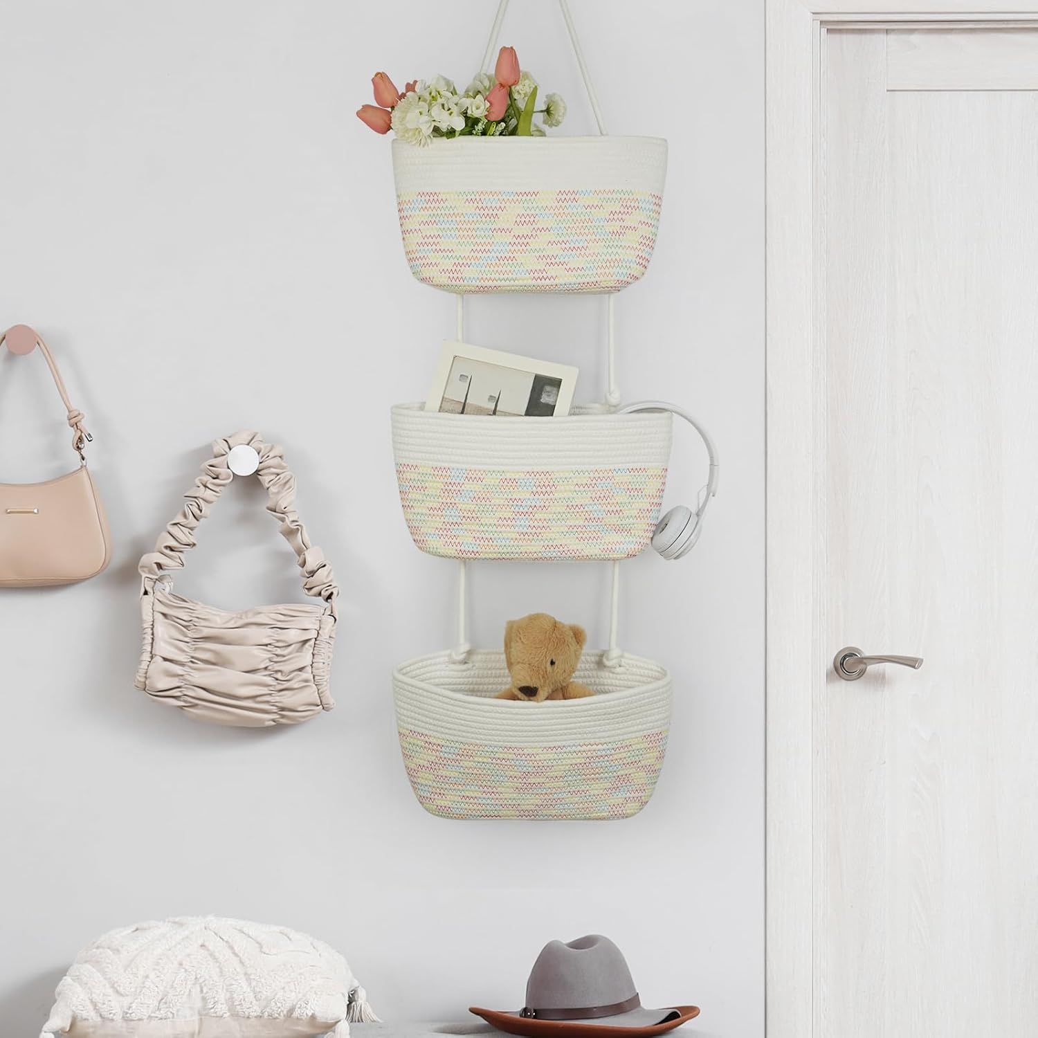 TeoKJ 3-Tier Woven Cotton Wall-Mounted Hanging Storage Baskets, Over the Door Organizer Bin for Kids Room, Bathroom, Bedroom, Kitchen, White & Rainbow Stitching