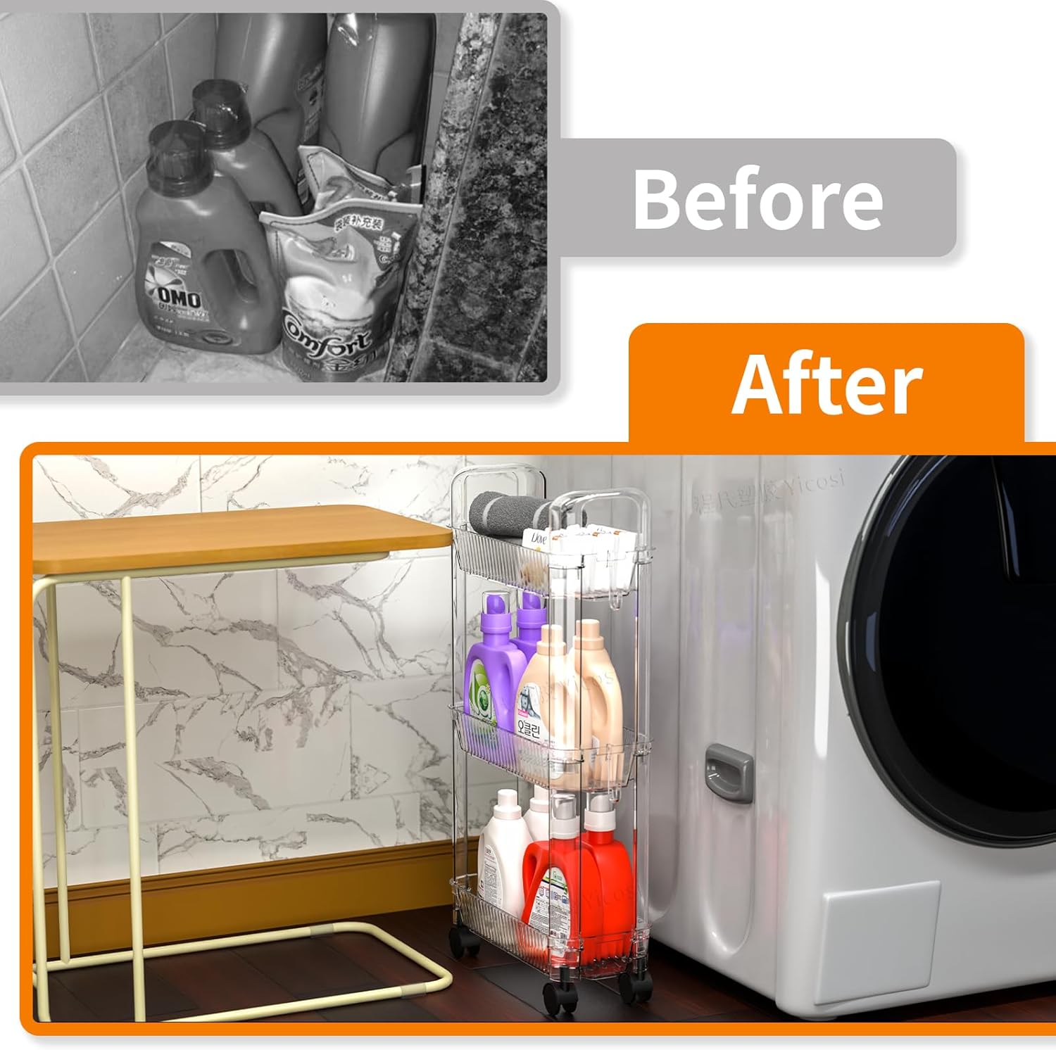 Yieach 3 Tier Rolling Cart with Wheels,Clear Narrow Bathroom Rack Organizer,Slim Storage Cart,Three Tier Thin Shelf and Narrow Rolling Utility Cart for Small Space Shelf,Dorm Room,Kitchen,Laundry