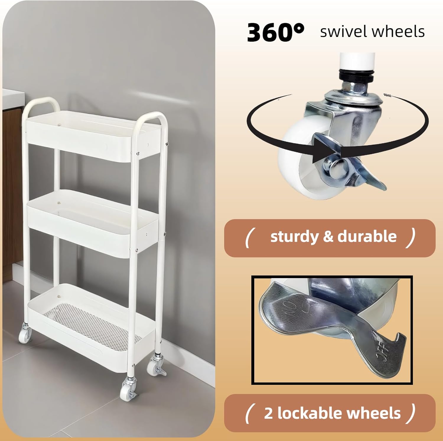 3 Tier Narrow Rolling Storage Cart for Laundry Room Bathroom Kitchen, 7.1'' Slim Utility Cart with Wheels and Lockable Casters Standing Shelf for Small Space & Between Washer and Dryer, White