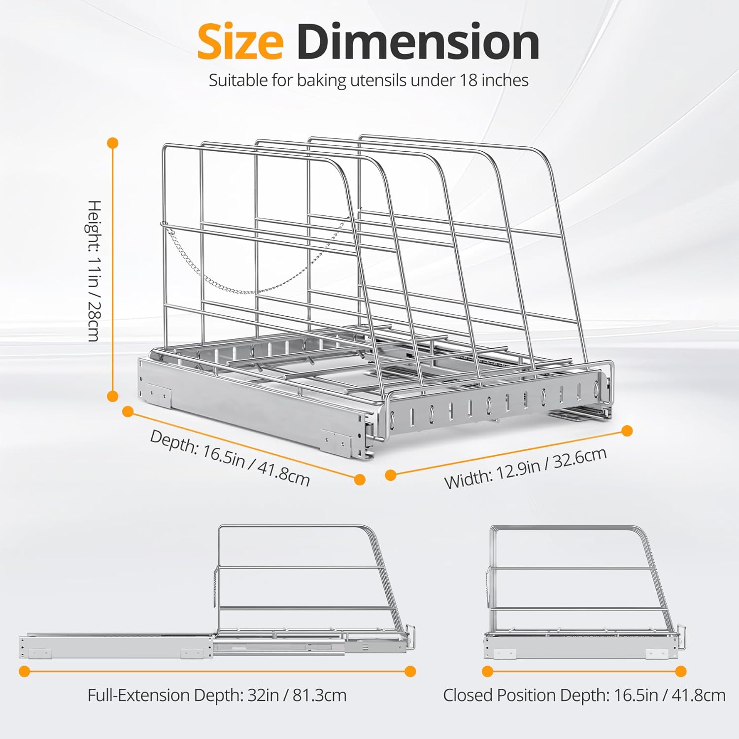 Pull Out Cabinet Organizer for Cutting Board, Cookie Sheet, Baking Sheet, Stainless Steel Sliding Rack for Bakeware & Trays, Heavy-Duty Cutting Board Organizer (12.9” x 16.5” (32.6 x 41.8 cm))