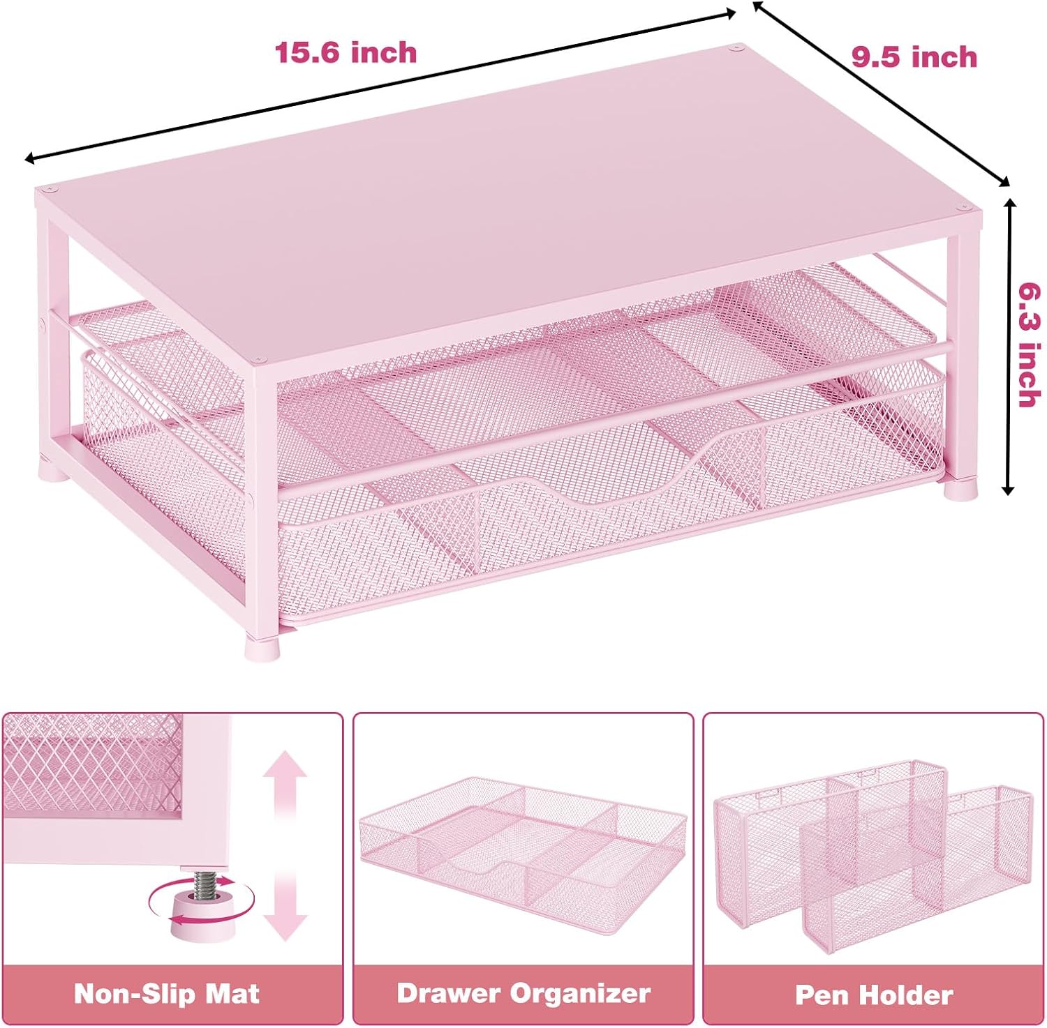 OPNICE Desk Organizers and Accessories, 2-Tier Computer Monitor Stand Riser with Drawer and 2 Pen Holders, Laptop Stand, Office Desk Accessories & Office Decor for Women, Pink