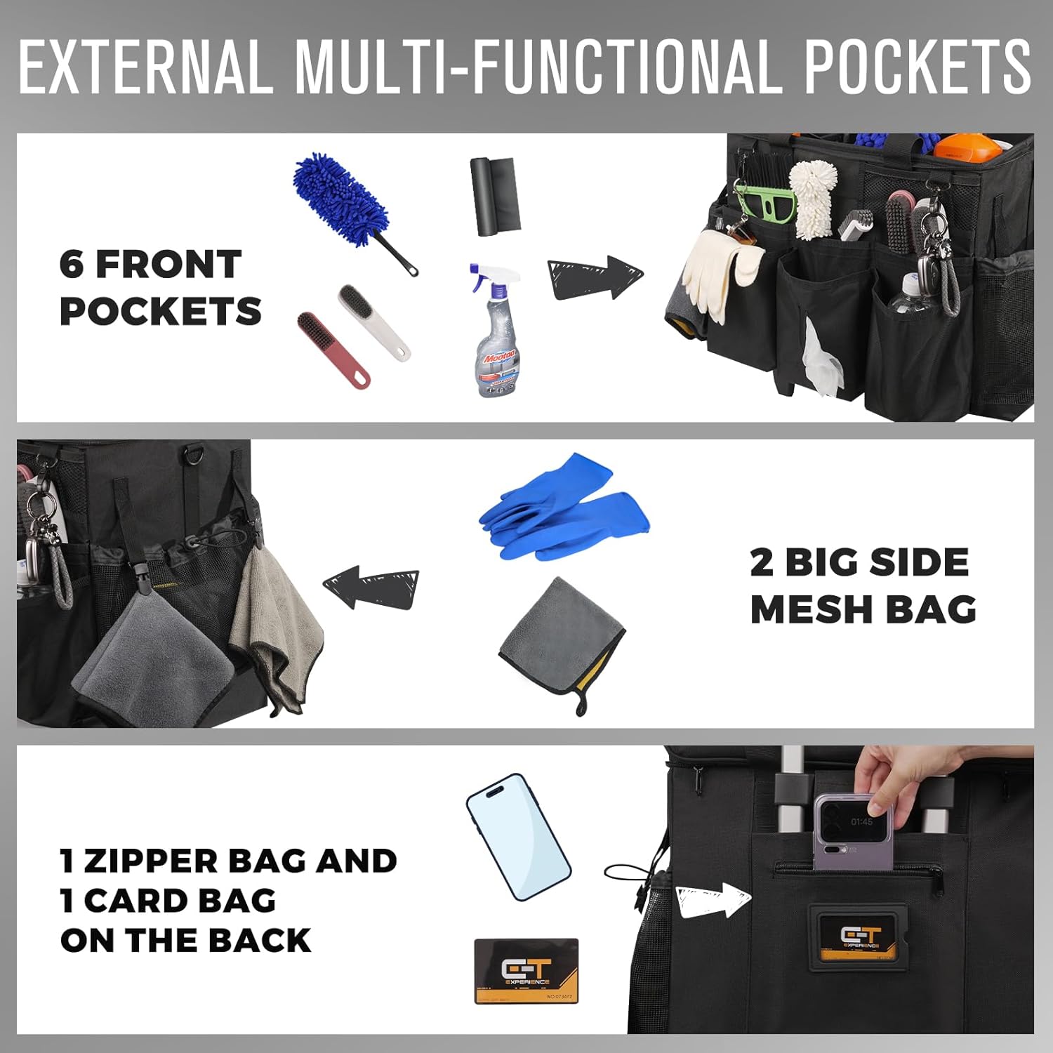 Rolling Cleaning Caddy Bag with Detachable Trolley, Large Cleaning Supplies Organizer with Wheels, Multi Pocket Cleaning Cart with Adjustable Shoulder Strap for Housekeepers & Home Use, Black