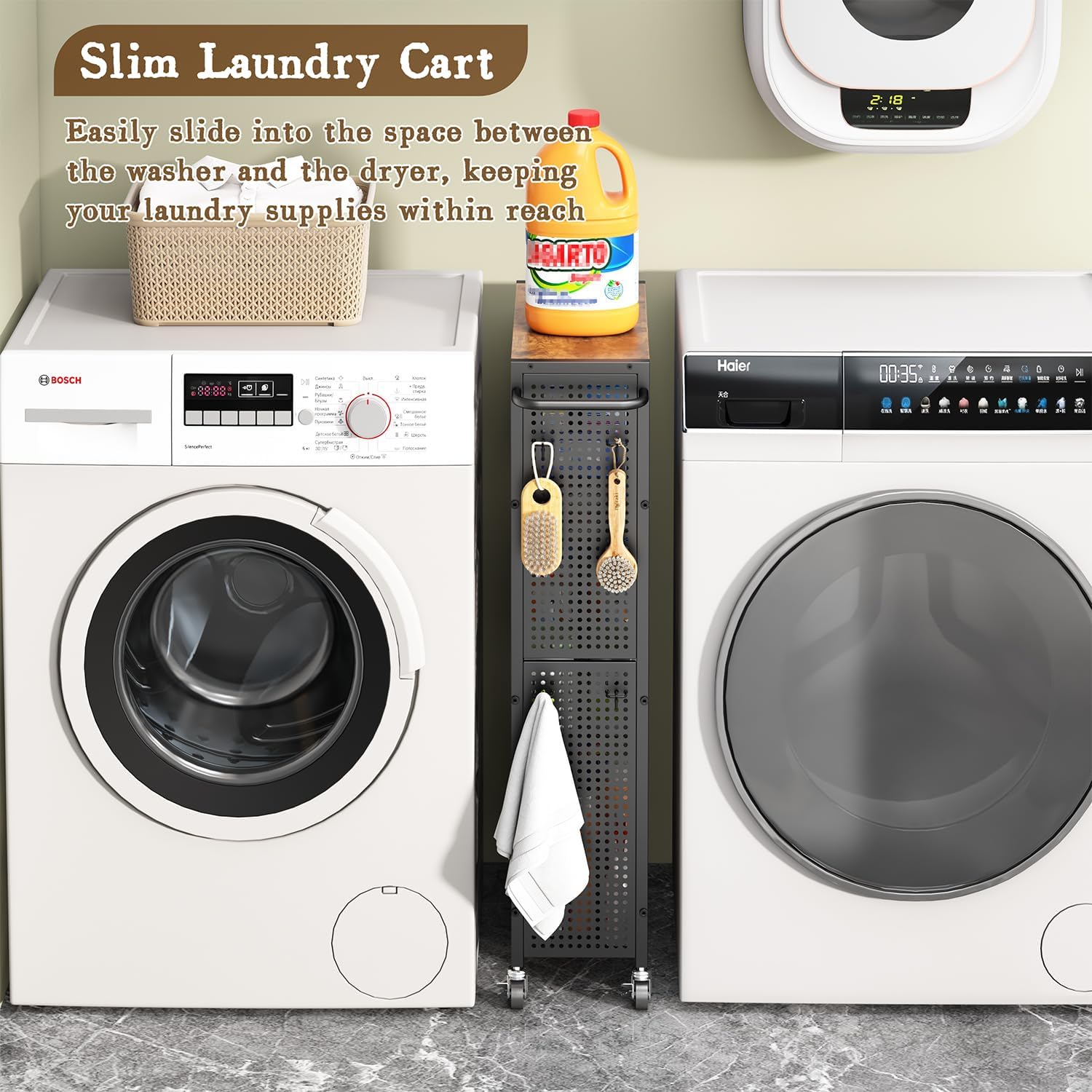 Utility Slim Storage Cart 4 Tier Small Rolling Kitchen Laundry Room Organization Cart with Wood Top Metal Narrow Laundry Room Shelves Cabinet Unit Laundry Organizer Trolley with Handle for Small space