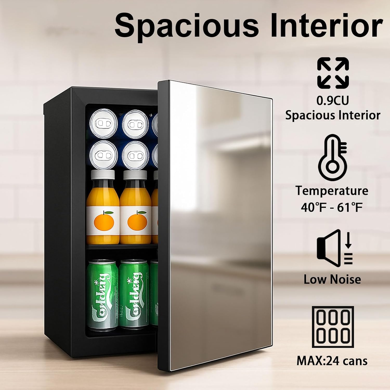 0.9 Cu.Ft Mini Refrigerator and Beauty Fridge, 24 Cans Mini Fridge with Mirror Door, Temperature Control, Removable Shelf, Compact Cooler for Bedroom, Dorm, Office, Beverage Beauty Storage