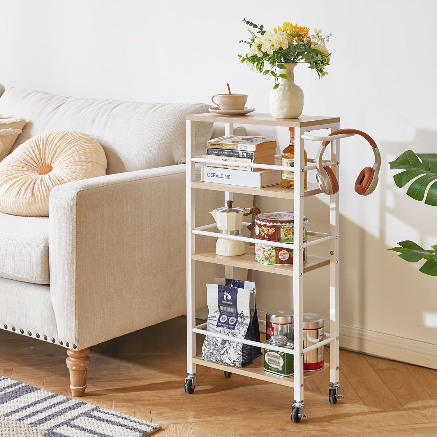 IBUYKE 7.8" Slim Rolling Cart,4 Tier Metal Kitchen Laundry Storage Cart,Industrial Narrow Utility cart,Trolley with Handle and Wooden Tabletop,for Kitchen, Living Room,Bathroom,Natural UTMJ065R