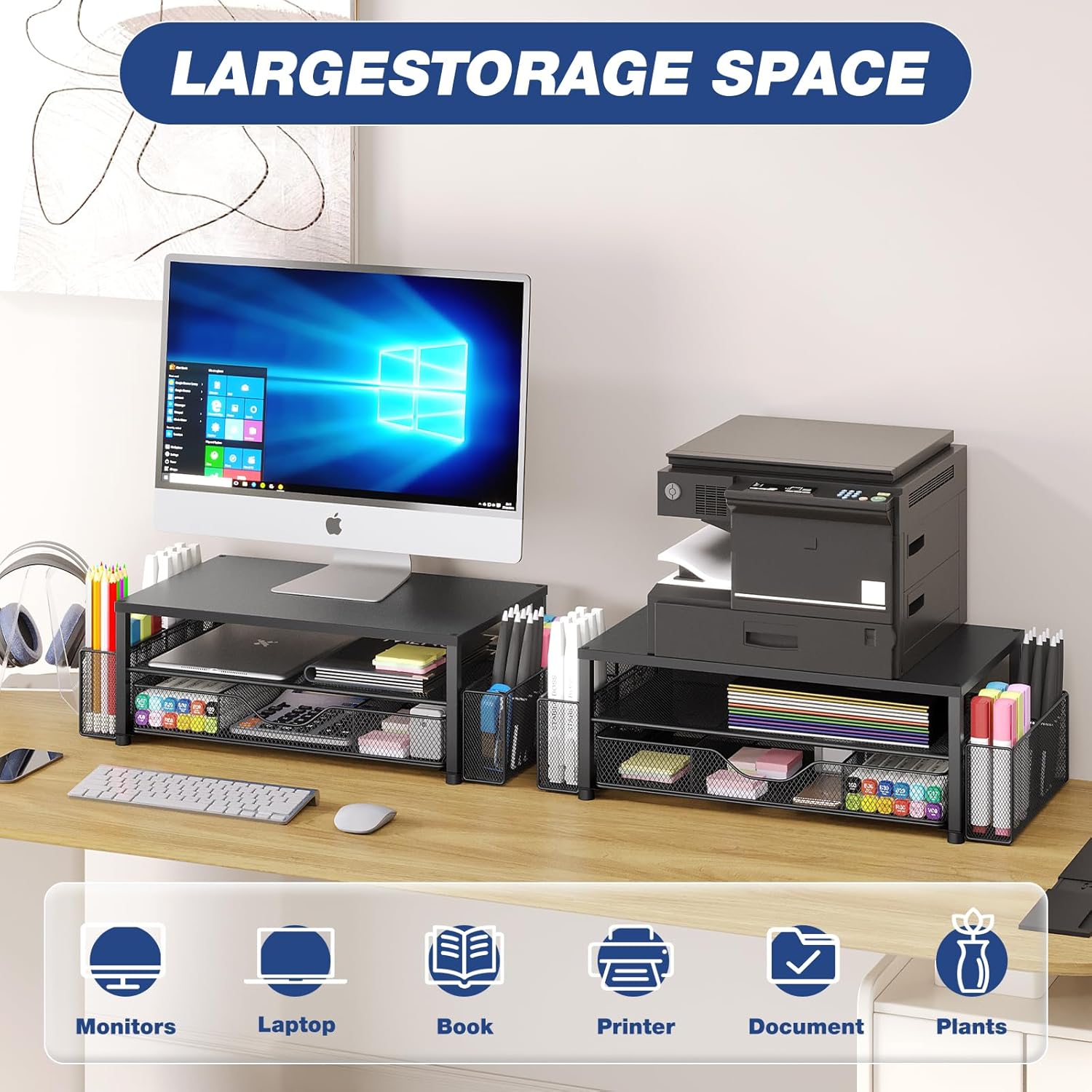 OPNICE Desk Organizer and Accessories, 2-Tier Computer Monitor Stand Riser with Drawer and 2 Pen Holders, Laptop Stand, Office Desk Accessories for Office Supplies, Black 2-Pack