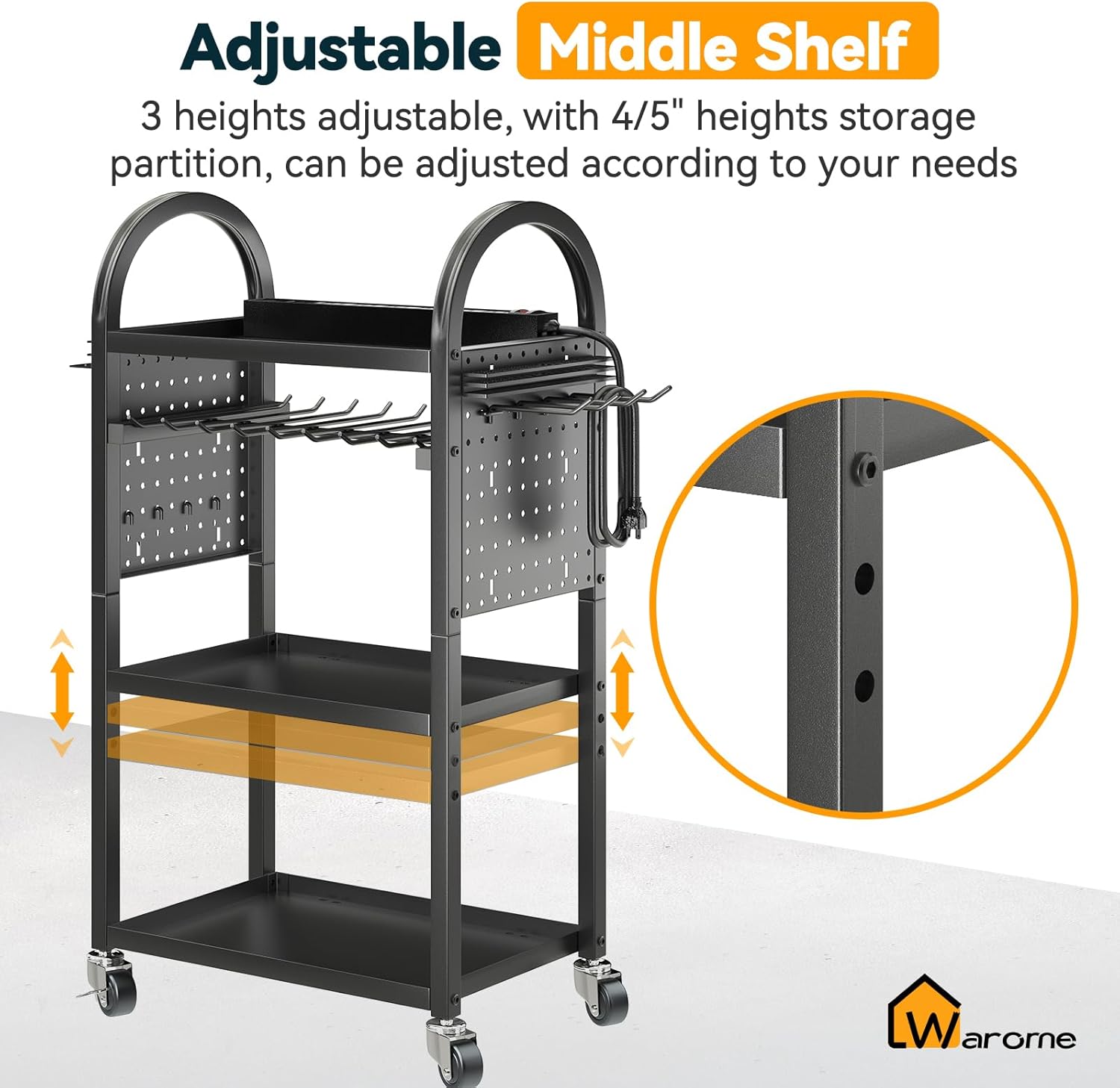 Warome Large Power Tool Organizer Cart with Charging Station, Rolling Utility Cart with 8-Outlet Movable Power Strip, Floor Standing Drill and Battery Holder,Tool Cart on Wheels for Garage Storage