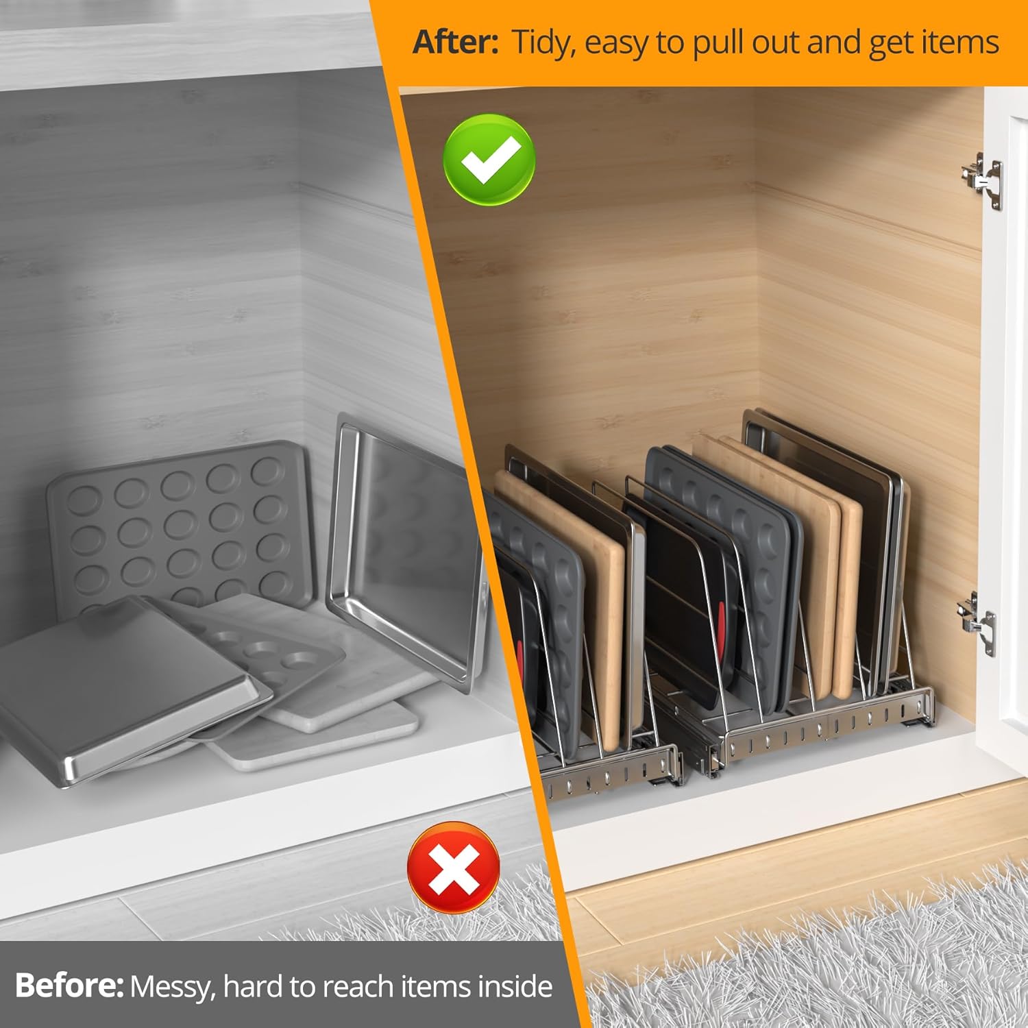 Pull Out Cabinet Organizer for Cutting Board, Cookie Sheet, Baking Sheet, Stainless Steel Sliding Rack for Bakeware & Trays, Heavy-Duty Cutting Board Organizer (12.9” x 16.5” (32.6 x 41.8 cm))