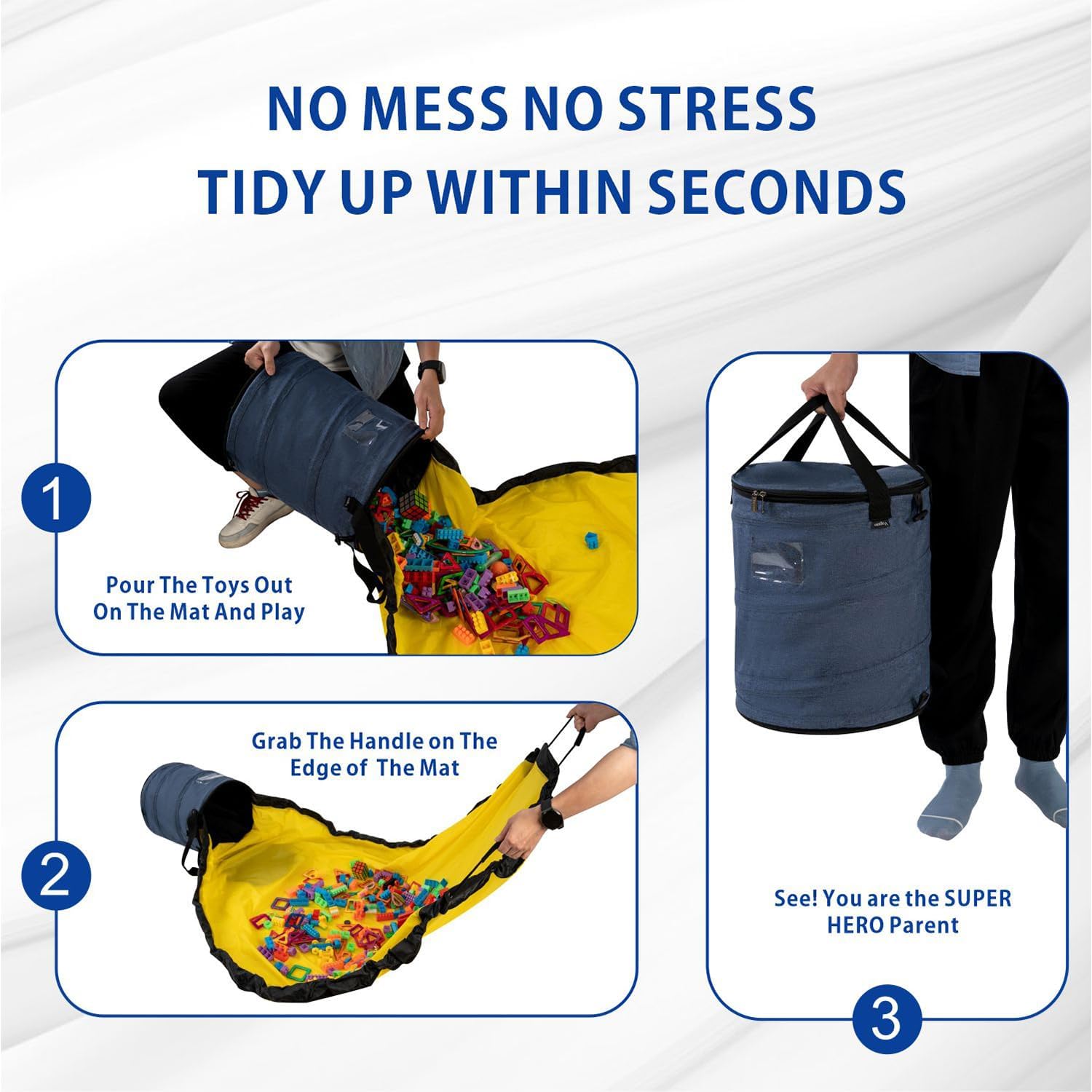 Toy Storage Organizer & Play Mat for Kids - Foldable Bin Toys Box Holds Rooms, Building Bricks Toy Storage Basket, Foldable Fabric Bag for Nursery (blue)