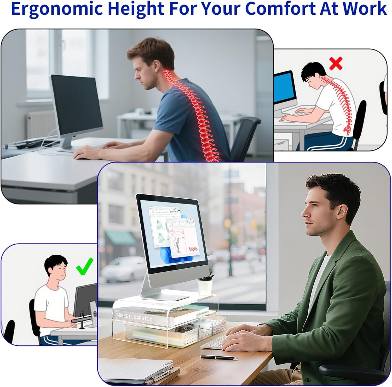 OPNICE Acrylic Clear Desk Organizers and Accessories, 2-Tier Computer Monitor Stand Riser with Drawer, Laptop Stand, Office Desk Accessories for Office Supplies, Transparent