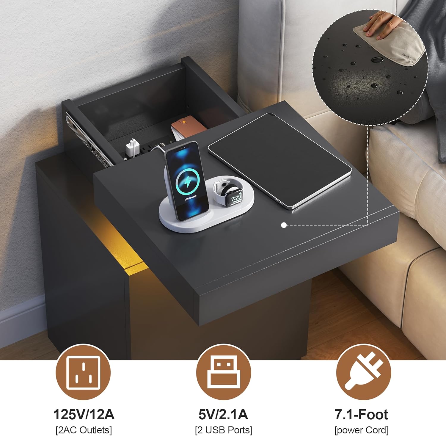 MXV Nightstand with LED Lights & Charging Station, Black Bedside Tables with USB Ports, Storage Cabinet & Drawers for Bedroom, Modern End Tables for Living Room (Black, 17.7，Set of 2)