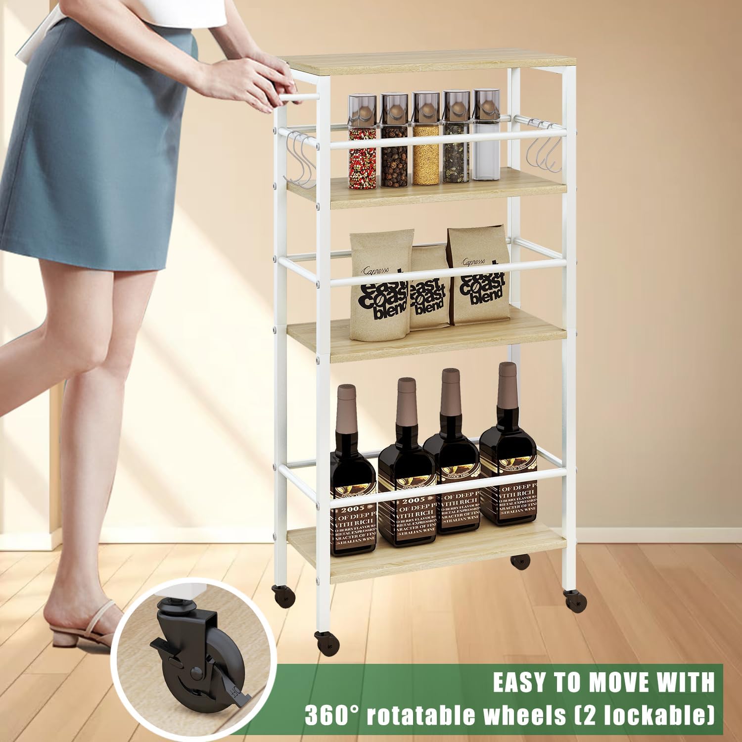 IBUYKE 7.8" Slim Rolling Cart,4 Tier Metal Kitchen Laundry Storage Cart,Industrial Narrow Utility cart,Trolley with Handle and Wooden Tabletop,for Kitchen, Living Room,Bathroom,Natural UTMJ065R