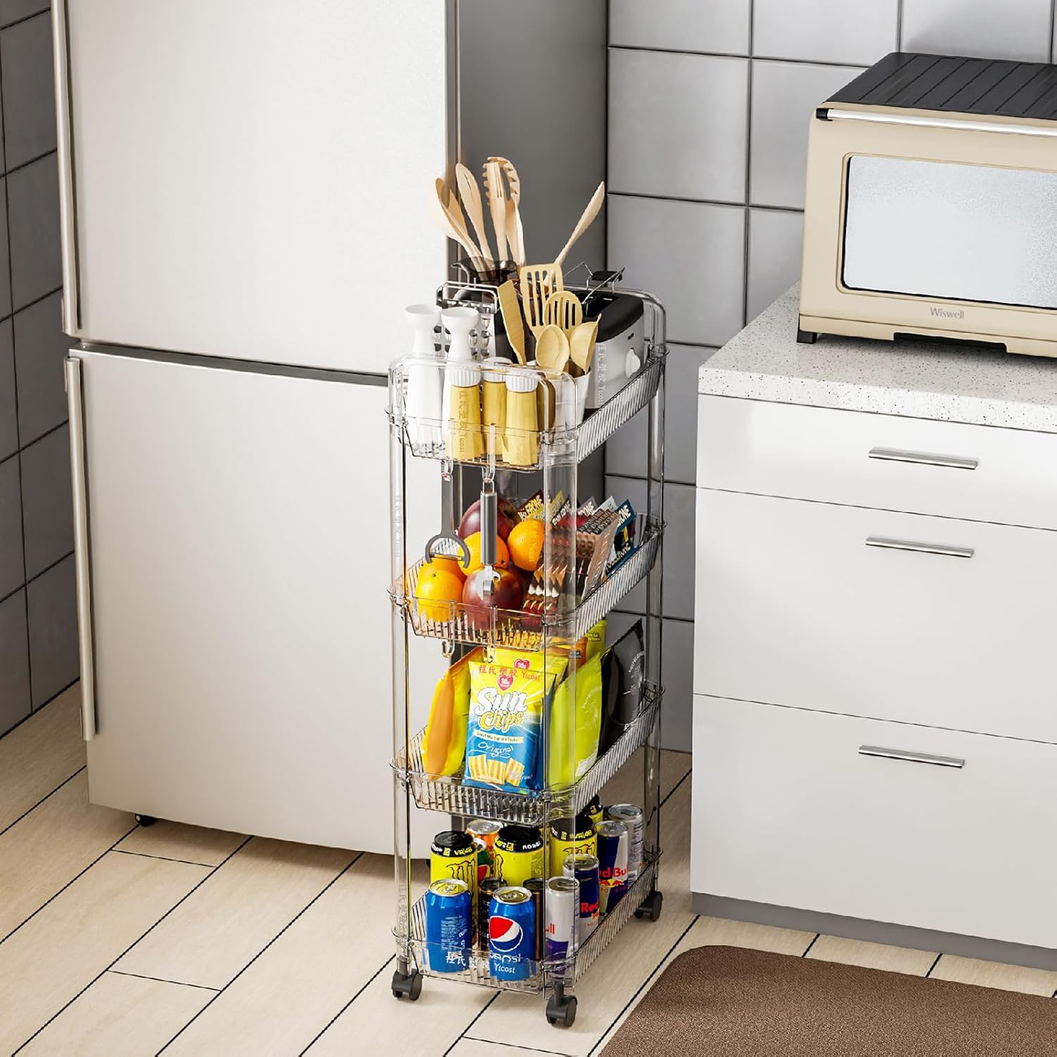 Yieach Clear 4 Tier Rolling Utility Cart with Wheels,Modern Bedside Cart for Baby Essentials,Nursery,Diaper Caddy,Baby Supplies,Rolling Storage Cart for Living Room,Bathroom,Kitchen,Book