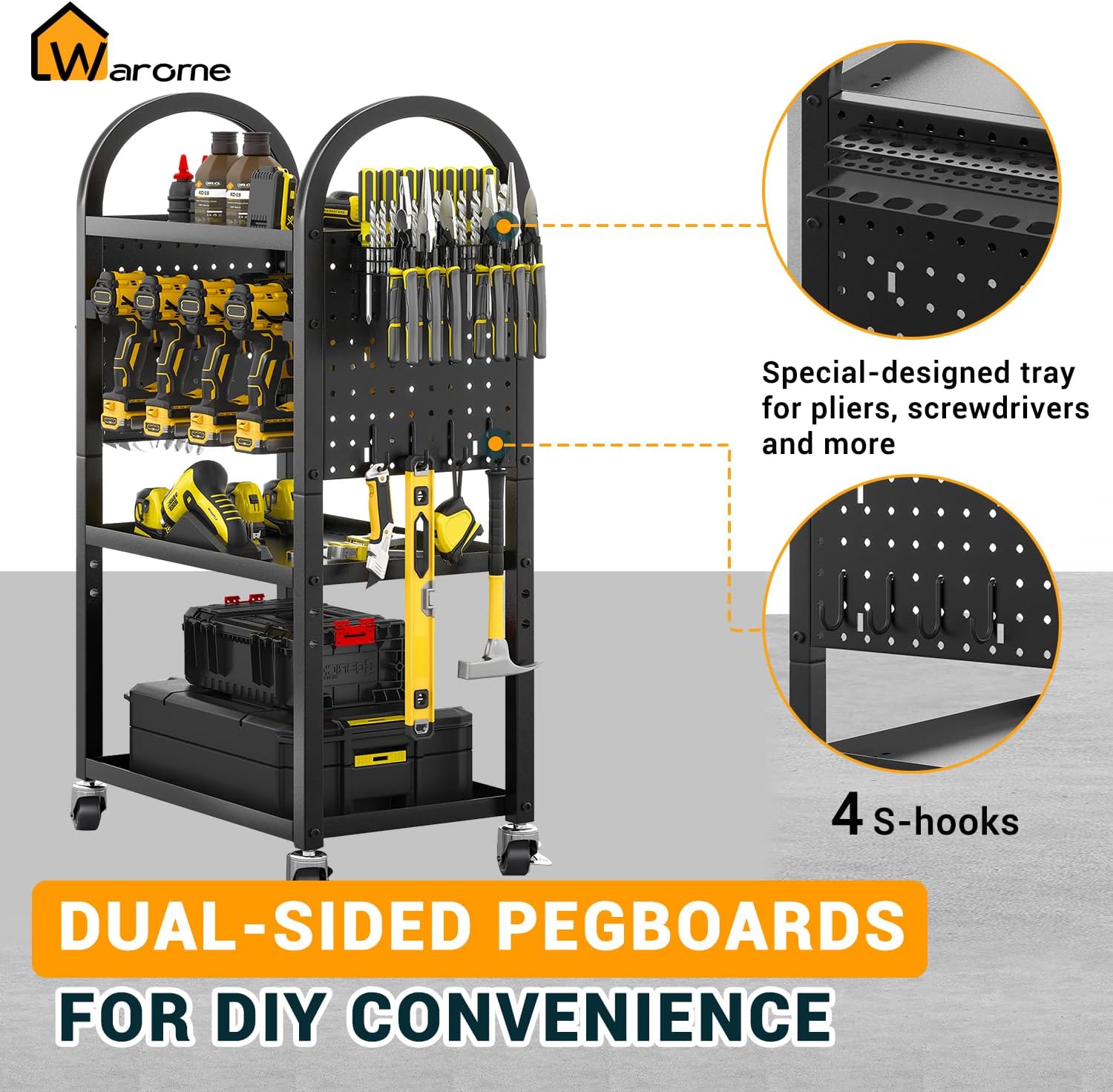 Warome Power Tool Organizer for Garage,Heavy Duty Tools Holder Storage Rack On Wheels,Floor Standing Rolling Power Tool Cart for Storage and Organization，Father/Husband/Boyfriend/Men/Dad Gift