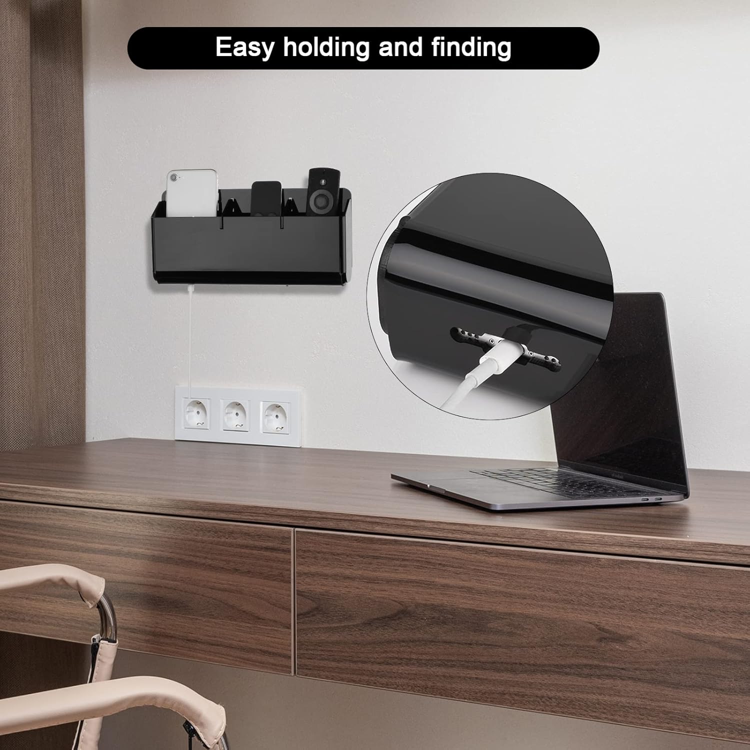 Cosmos Remote Control Stand Wall Mount Phone Holder with Removeable Block Wall Shelf Cell Phone Charging Brackets Holder Multipurpose Storage Organizer (Solid Black)