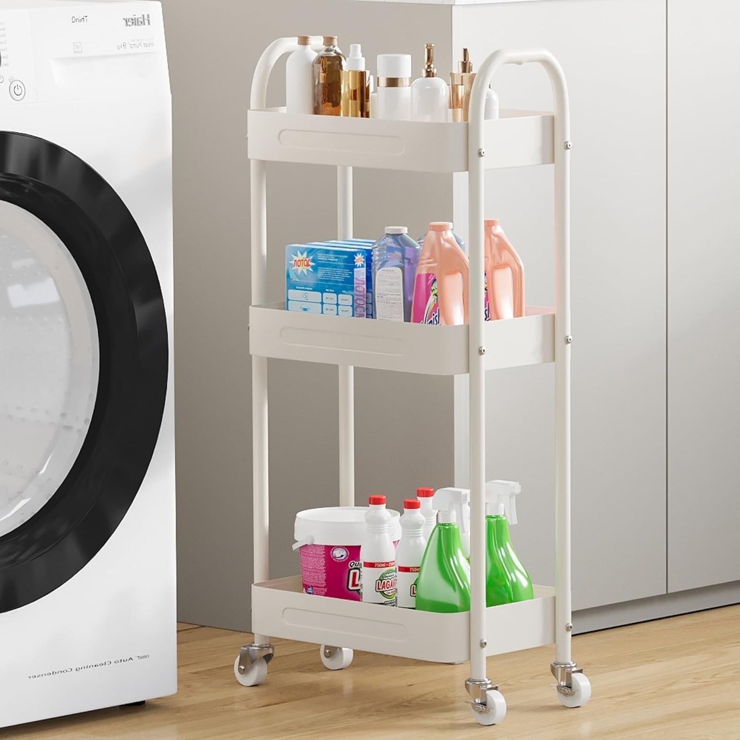 3 Tier Narrow Rolling Storage Cart for Laundry Room Bathroom Kitchen, 7.1'' Slim Utility Cart with Wheels and Lockable Casters Standing Shelf for Small Space & Between Washer and Dryer, White