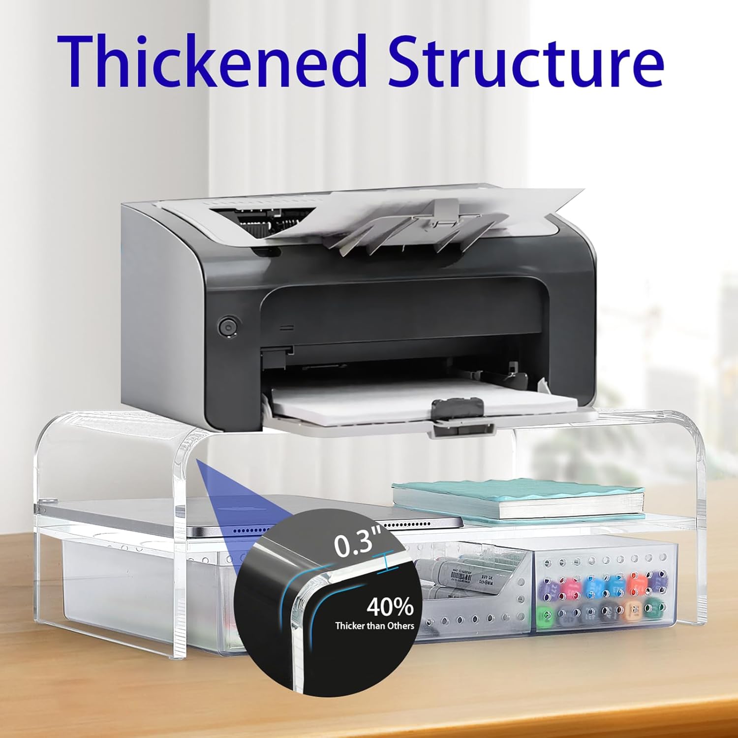 OPNICE Acrylic Clear Desk Organizers and Accessories, 2-Tier Computer Monitor Stand Riser with Drawer, Laptop Stand, Office Desk Accessories for Office Supplies, Transparent