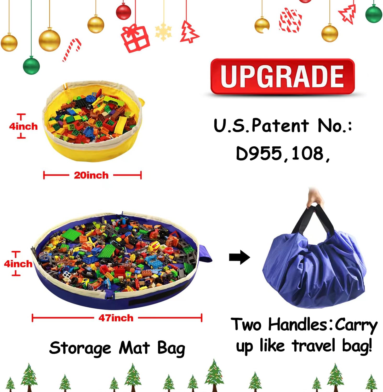 Toy Storage Mat Bag by Drawstring for Lego - Play Mat Bag Toy Storage Container for Kids with Cap can as Gift (2Pcs = Big Blue + Mini Yellow)