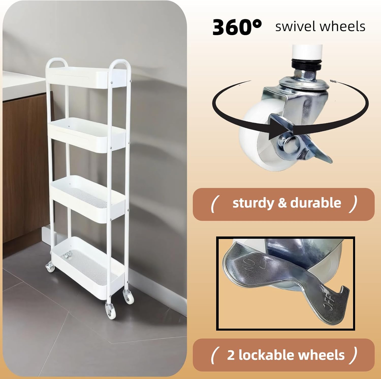 4 Tier Slim Kitchen Storage Cart for Narrow Space, 7.1'' Wide Metal Rolling cart with Wheels and Lockable Casters, Sturdy Mobile Thin Shelf for Laundry Room Between Washer and Dryer, White