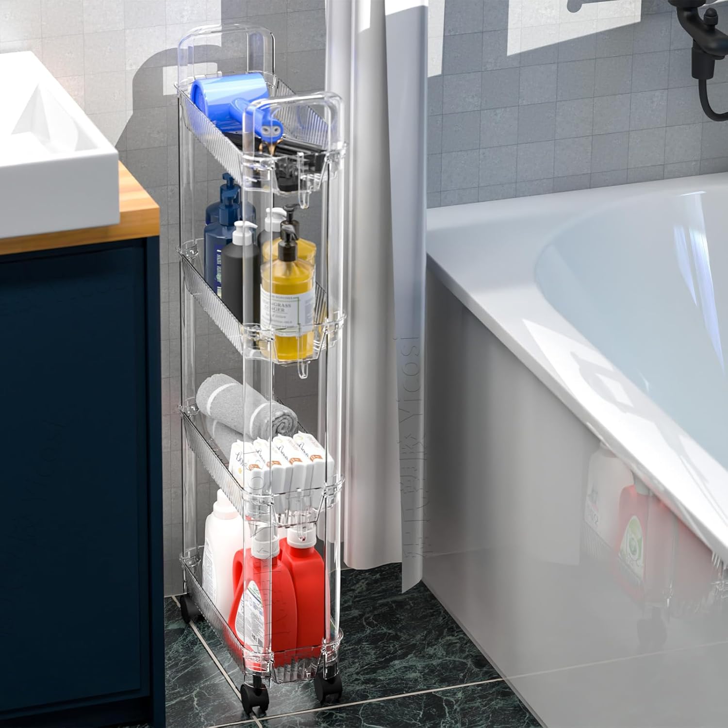 Yieach 3 Tier Rolling Cart with Wheels,Clear Narrow Bathroom Rack Organizer,Slim Storage Cart,Three Tier Thin Shelf and Narrow Rolling Utility Cart for Small Space Shelf,Dorm Room,Kitchen,Laundry