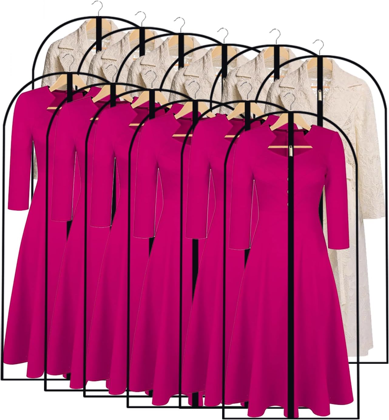 Garment Bags for Hanging Clothes 24'' x 55'' (Set of 12) Coat Covers for Closet Foldable Washable Dress Bags for Hanging Clothes for Long Dress Dance Costumes Suits Gowns Coats