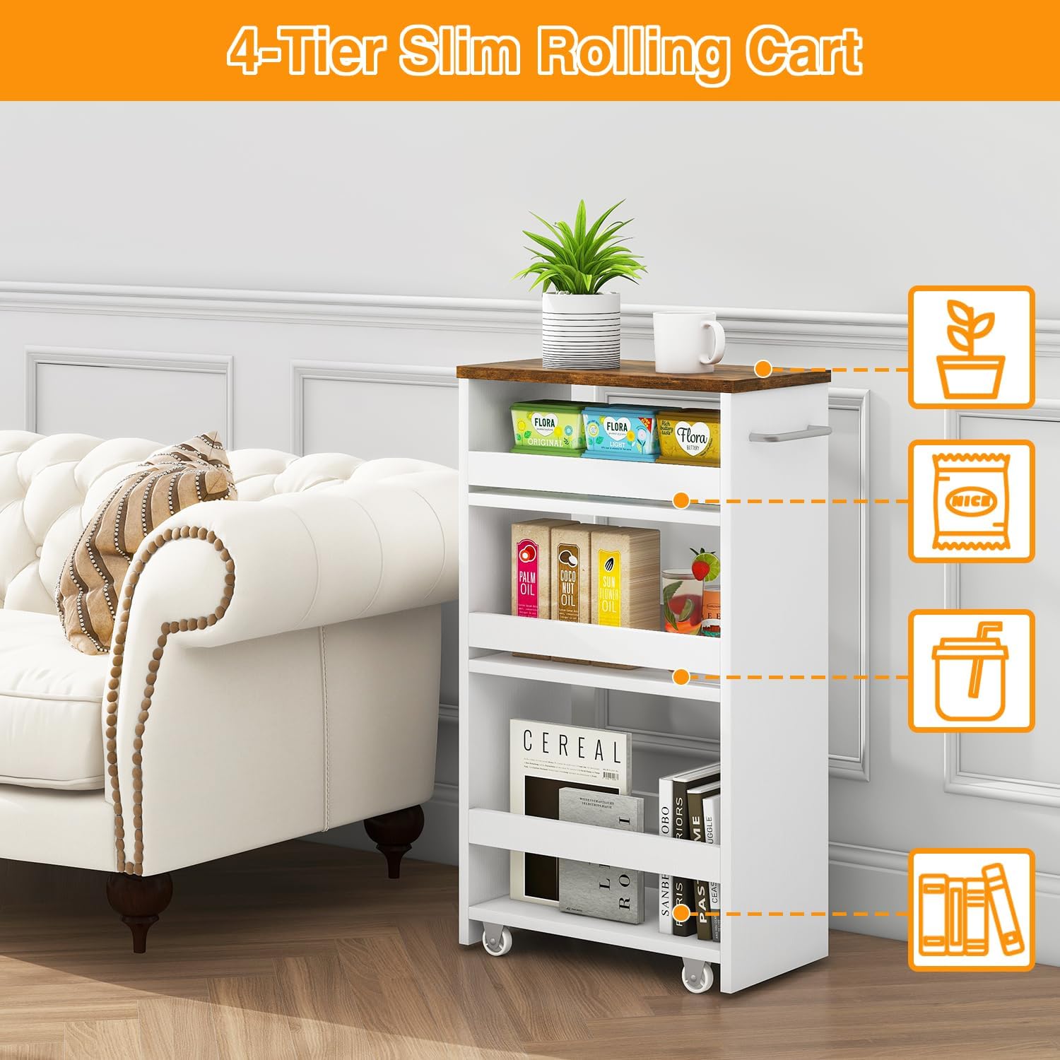 IBUYKE Slim Storage Cart 7.9" W, Rolling Kitchen Storage cart on Wheels for Small Spaces, 4-Tier Laundry Cart with Handle, Slide Out Utility Cart for Kitchen, Bathroom, Laundry,White UWST005W-L