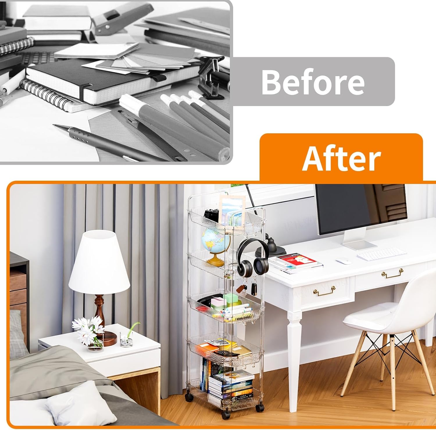 Yieach Clear 4 Tier Rolling Utility Cart with Wheels,Modern Bedside Cart for Baby Essentials,Nursery,Diaper Caddy,Baby Supplies,Rolling Storage Cart for Living Room,Bathroom,Kitchen,Book