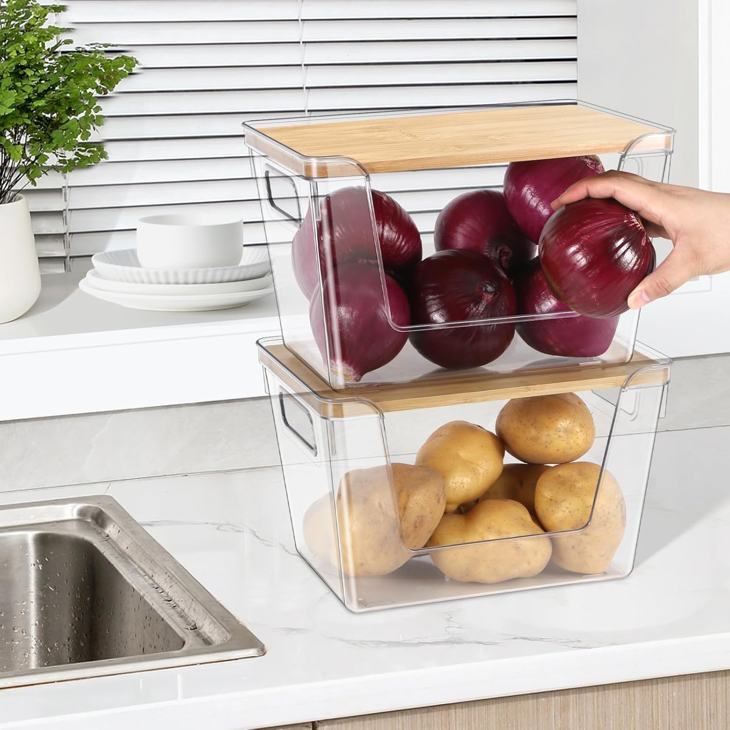 Pantry Organizers and Storage, Stackable Plastic Pantry Organizer with Lid & Handle for Kitchen Counter, Fridge for Fruit, Potato, Onion, Vegetable, 4 Set (Clear- 2 Large Bin & 2 Medium Bin)