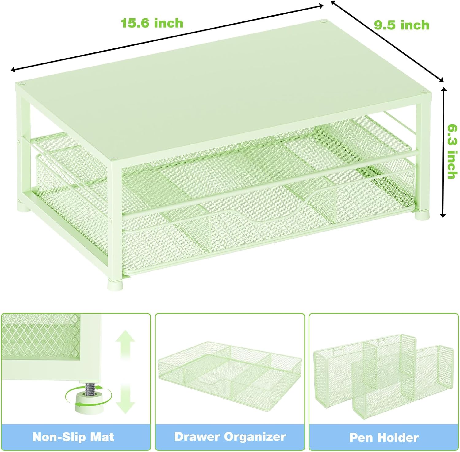 OPNICE Desk Organizers and Accessories, 2-Tier Computer Monitor Stand Riser with Drawer and 2 Pen Holders, Laptop Stand, Office Desk Accessories for Office Supplies, Green