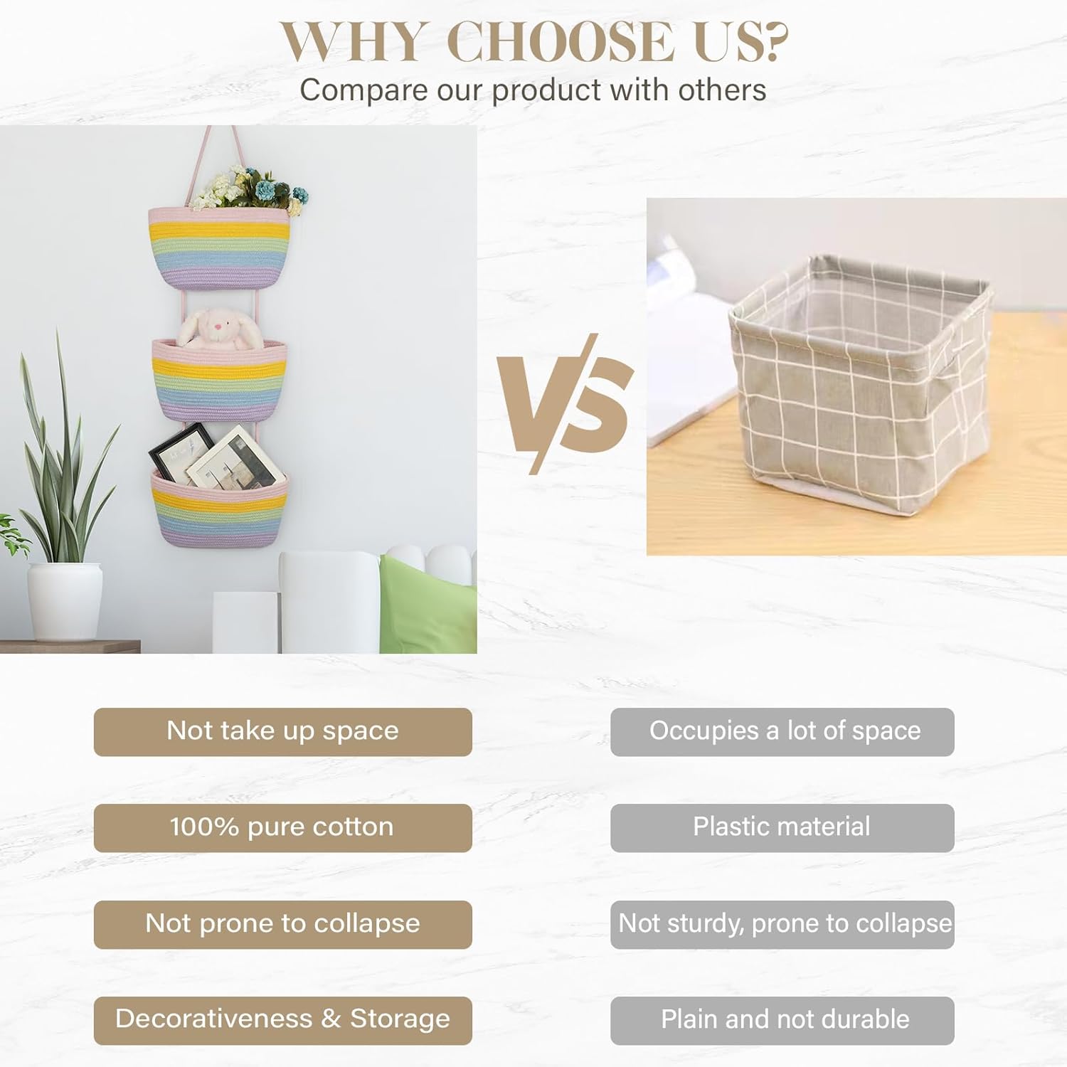 TeoKJ Over the Door Organizer, 3-Tier Woven Cotton Hanging Storage Baskets, Wall-Mounted Baskets for Nursery Organization, Rainbow