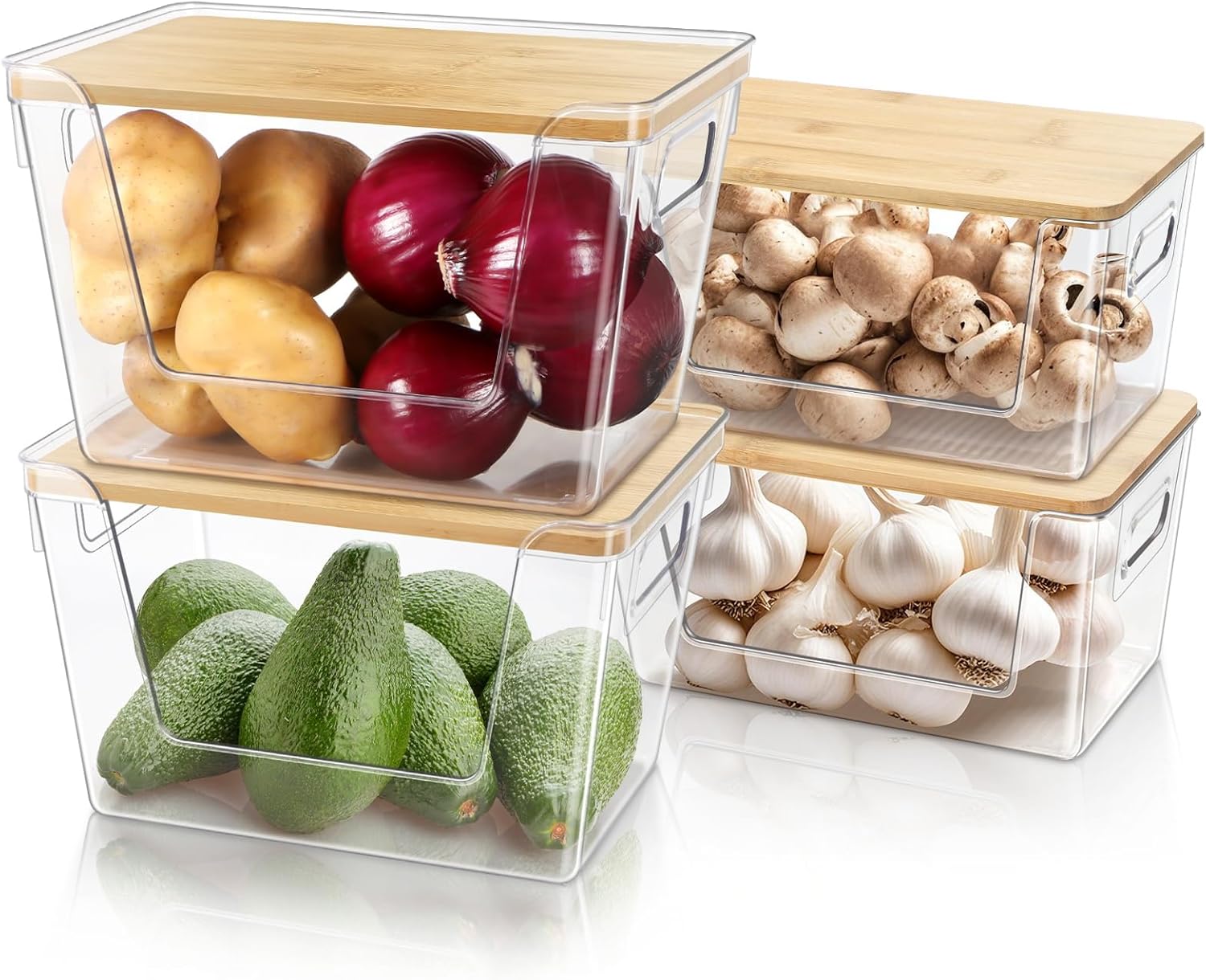 Pantry Organizers and Storage, Stackable Plastic Pantry Organizer with Lid & Handle for Kitchen Counter, Fridge for Fruit, Potato, Onion, Vegetable, 4 Set (Clear- 2 Large Bin & 2 Medium Bin)