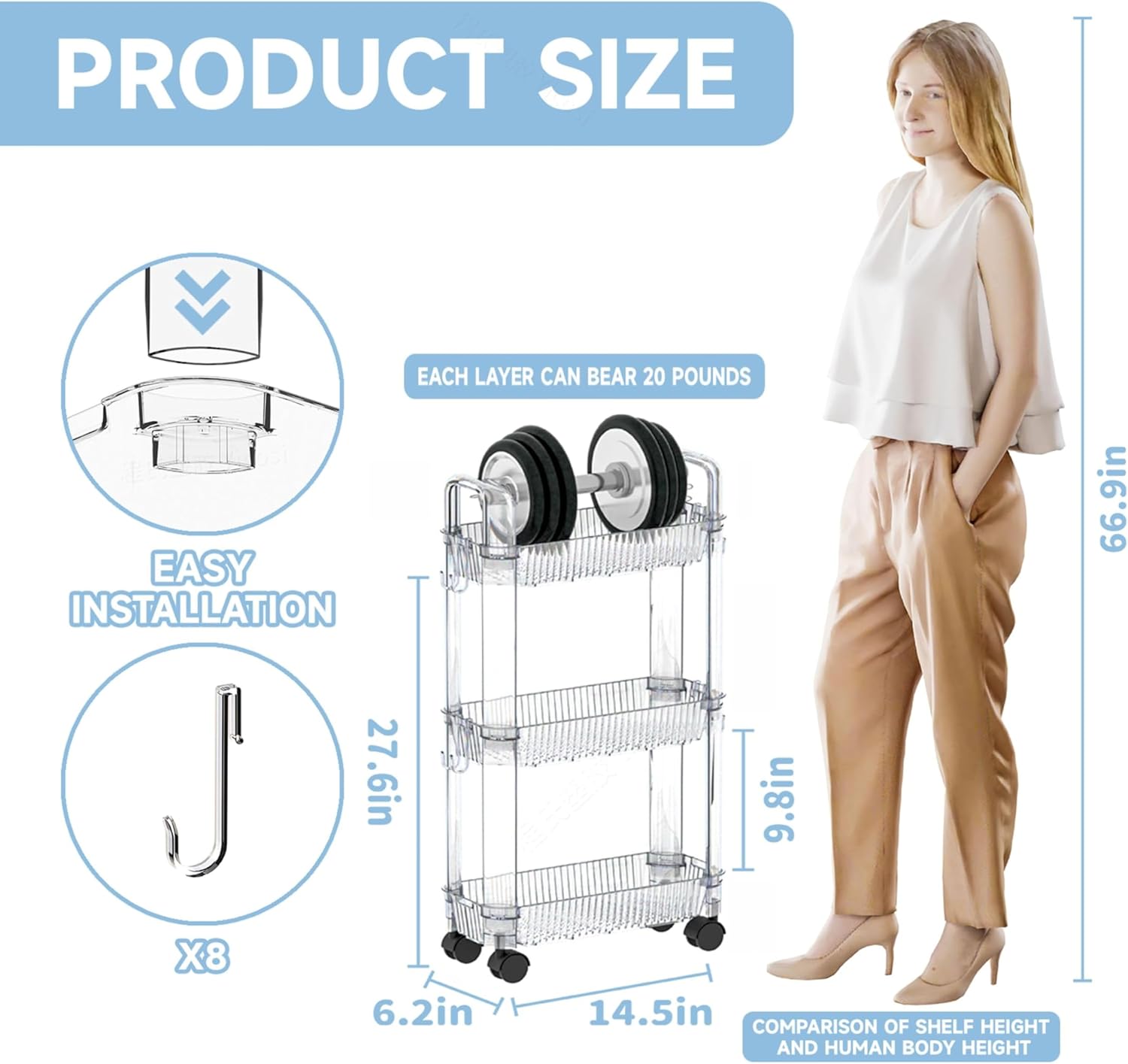 Clear 3 Tier Rolling Utility Cart with Wheels,Modern Bedside Cart for Baby Essentials,Nursery,Diaper Caddy,Baby Supplies,Rolling Storage Carts for Living Room,Bathroom,Kitchen,Book Cart