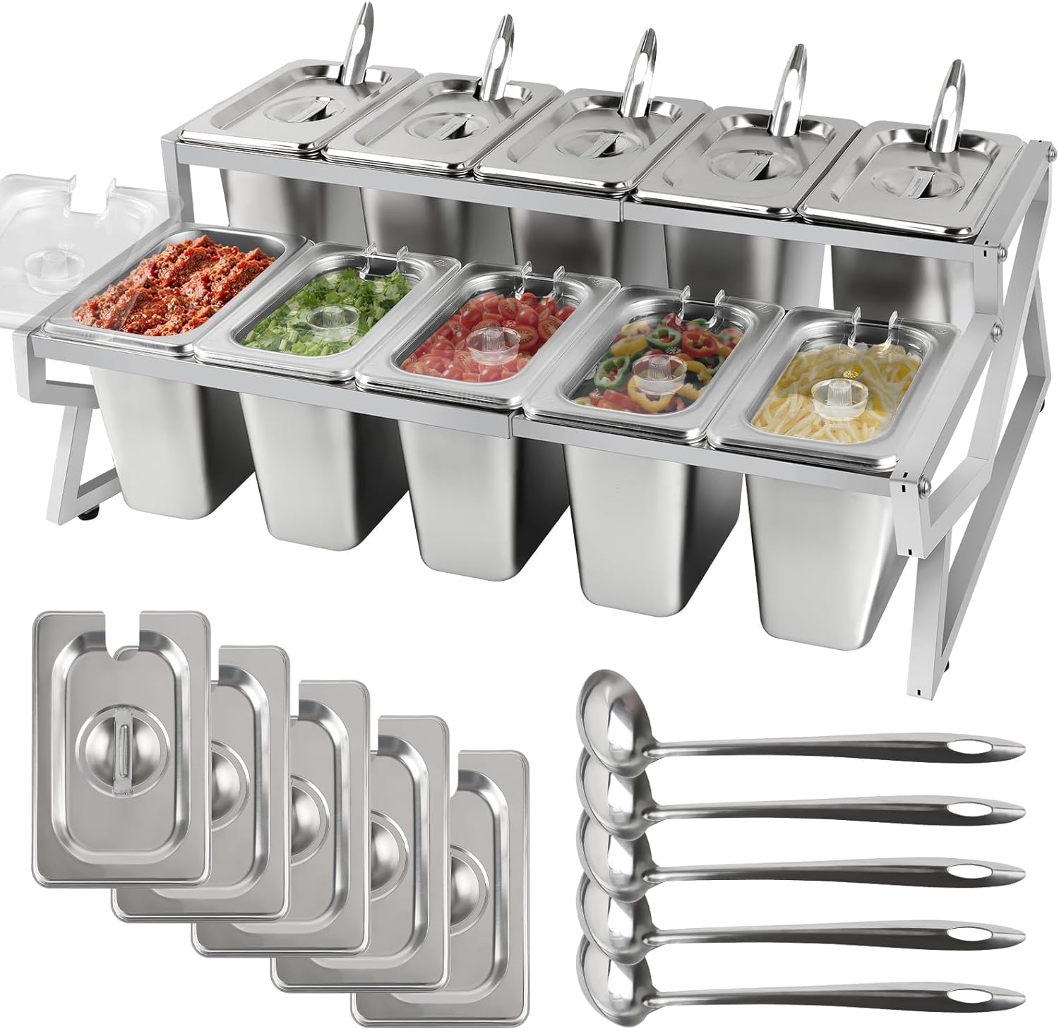 Kalolary 10 Pans Pizza Topping Storage Station, 2 Row Adjustable Stainless Steel Condiment Containers with Lids Spoons Ice Food Serving Display Container Salad Bar Buffet Station for Home Kitchen