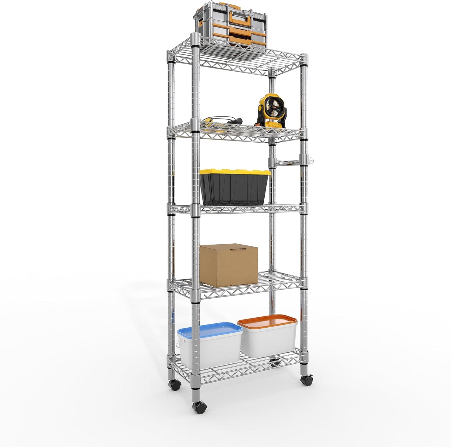5-Tier Metal Storage Shelving Unit with Wheels, Adjustable Wire Shelf Rack with Side Handle, Stable Metal Shelves Organizer for Pantry, Kitchen and Closet,11.8" W x 23.6" D x 61" H