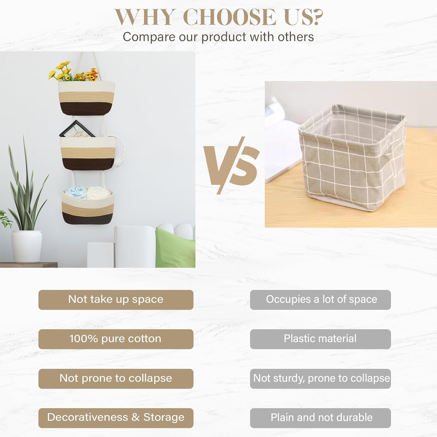 TeoKJ Over the Door Hanging Baskets, 3-Tier Woven Cotton Storage Organizer Bag Decorative Nursery Kitchen Baskets，Gradient Brown