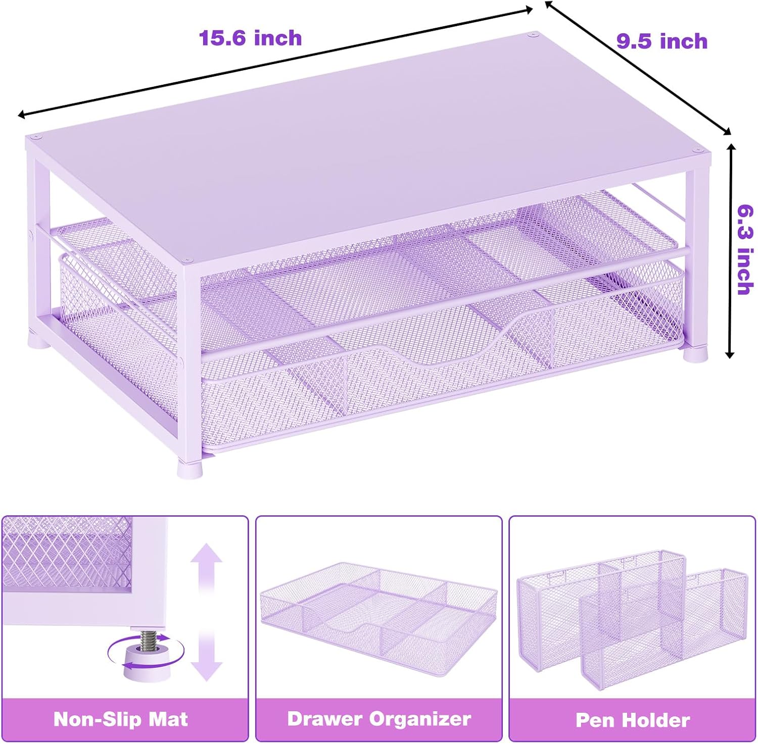 OPNICE Desk Organizers and Accessories, 2-Tier Computer Monitor Stand Riser with Drawer and 2 Pen Holders, Laptop Stand, Office Desk Accessories & Office Decor for Women, Purple